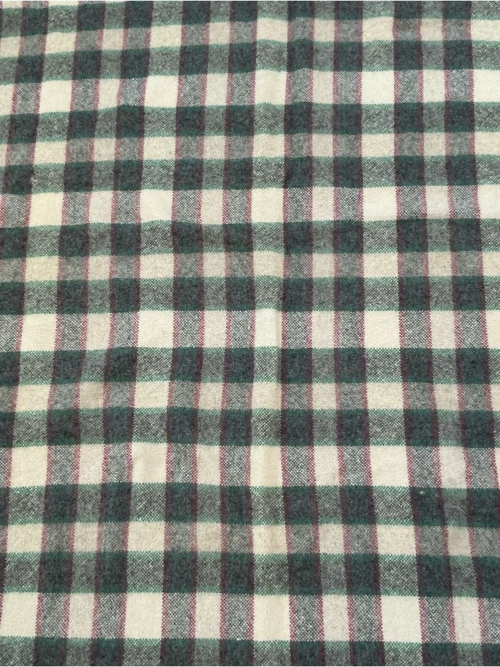 Vintage plaid red, cream, green and gray wool blanket 58x67